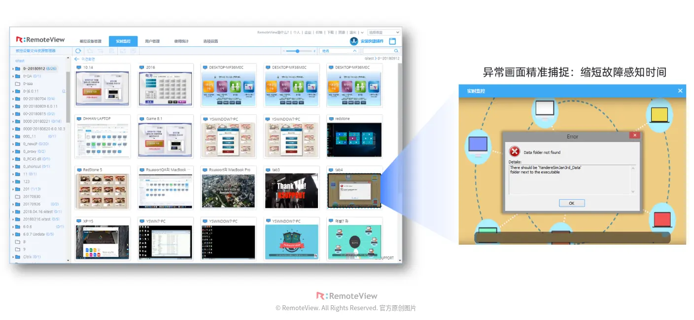 RemoteView 实时监控屏幕墙界面，展示批量受控端状态监控与异常画面精准捕捉功能