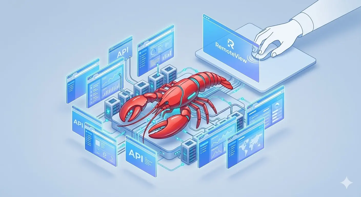 3D等距插画：红色OpenClaw机械龙虾爪连接到RemoteView蓝色数字生态管理系统