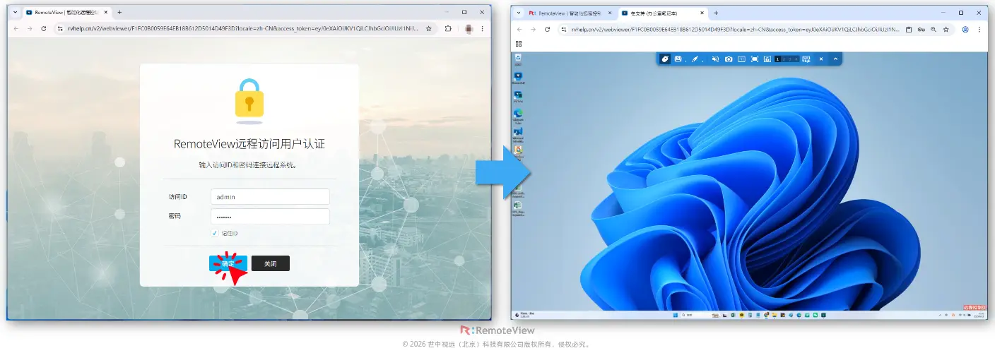 RemoteView网页远程访问用户认证界面输入密码并成功加载受控电脑桌面流程图